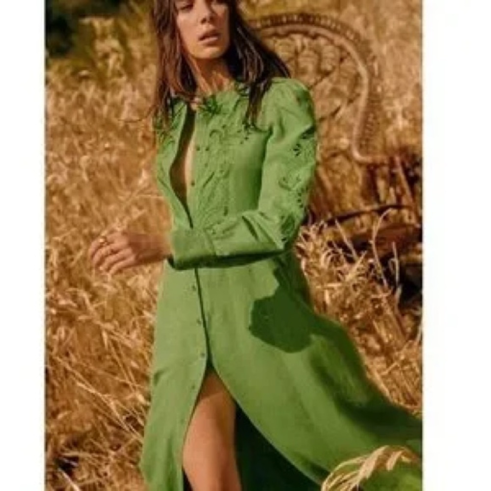 Sézane Selma Green Dress with Embroidered Cutouts